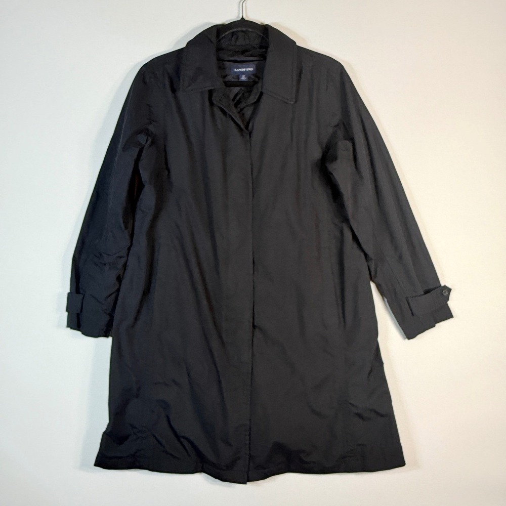 Lands' End Trench Coat Womens Small 6 8 Black Raincoat Classic Button Front